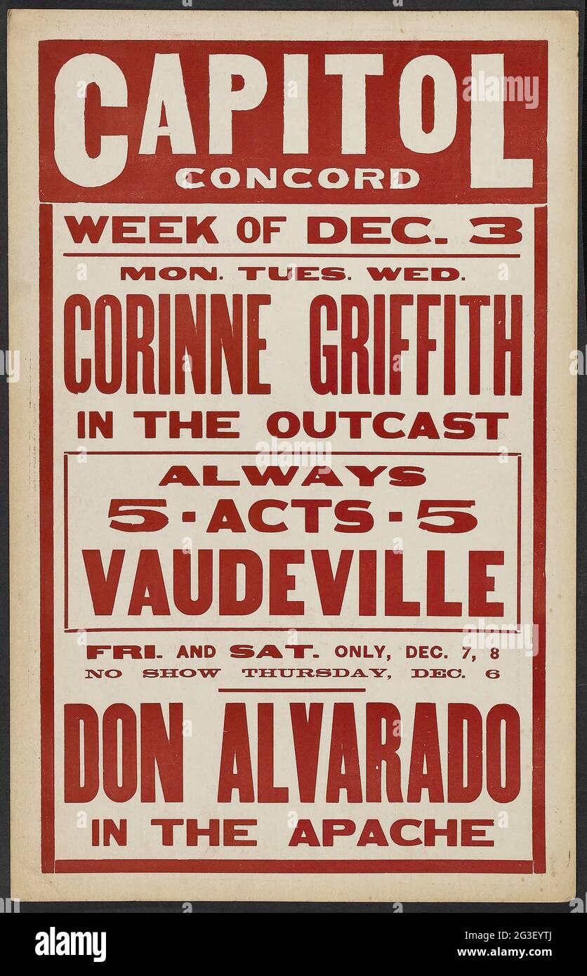 Capitol Concord. Vintage placard. Corinne Griffith in the Outcast. Vaudeville. Don Alvarado. Stock Photo