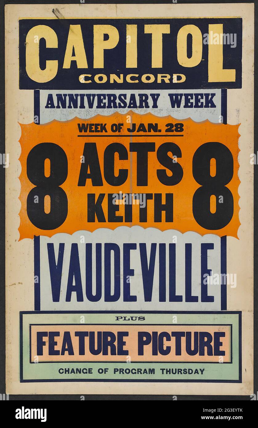 Capitol Concord. Vintage placard. Vaudeville. Feature picture. Vintage leaflet. Stock Photo