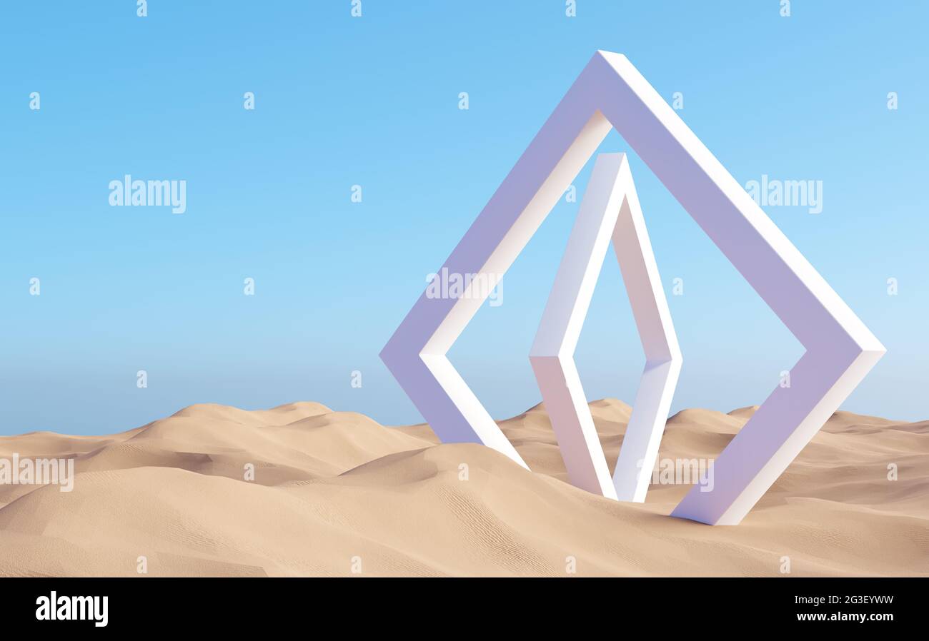 Surreal desert landscape with white rhombus portals Stock Photo