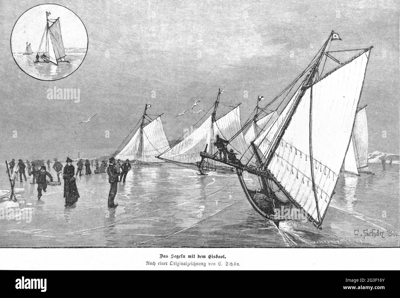sports, winter sports, ice yachting, sailing with the ice boat, wood engraving after drawing by Karl Schoen, ARTIST'S COPYRIGHT HAS NOT TO BE CLEARED Stock Photo