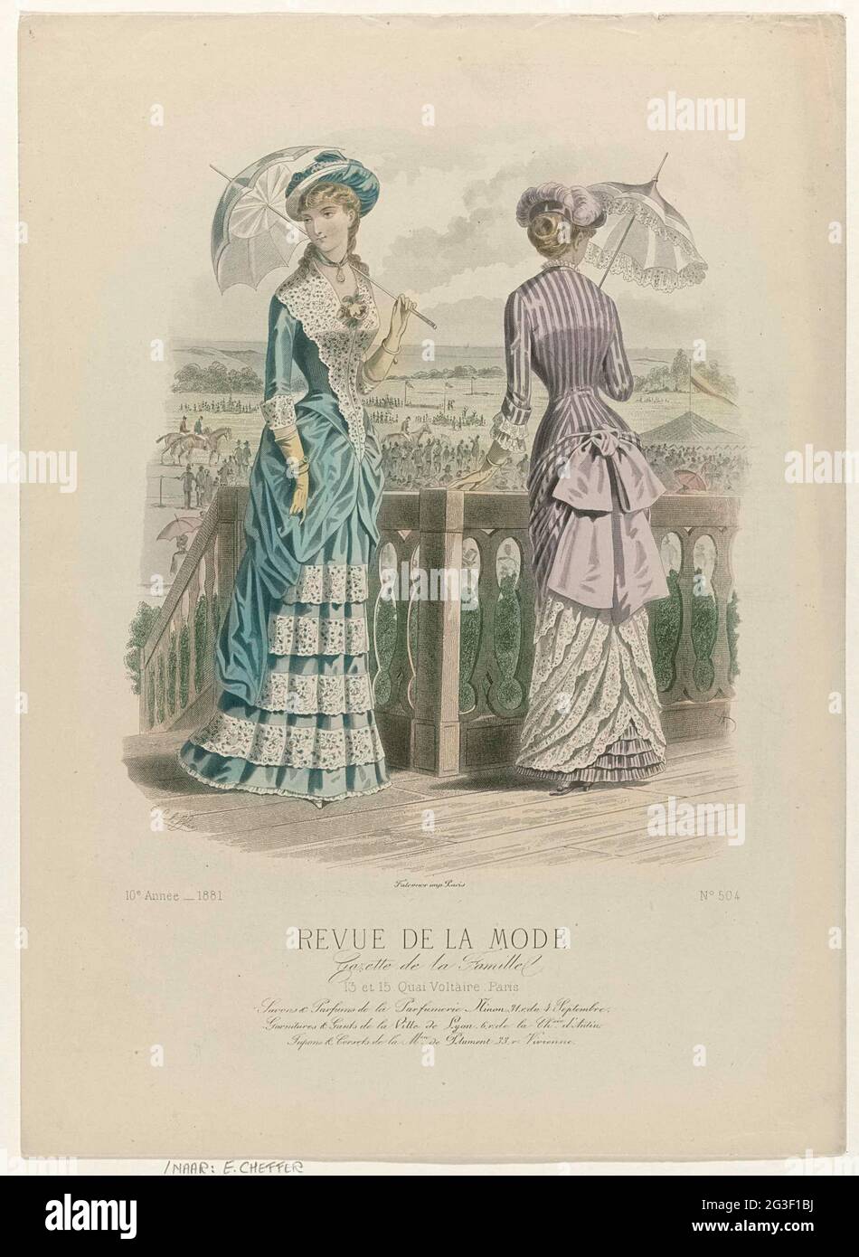 Revue de la fashion, Gazette de la Famille, Dimanche 28 août 1881, 10th  Année, no. 504: Savons & Perfumes de la Parfumerie Ninon (...). Two women  with parasols, dressed in 'toiletries' for