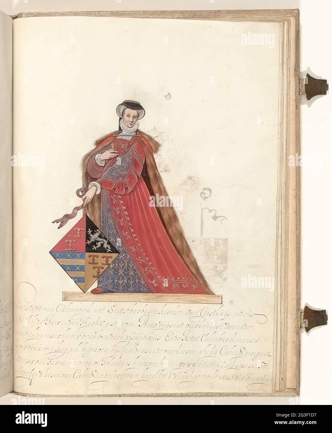 Jolanthe van Gaesbeek, Lady of Culemborg. Jolanthe (also Jolenta and Jolenthe) by Gaesbeeck, Lady of Culemborg. Wife of Hubrecht V, Mr. van Culemborg. Full of feet with the great coat of arms of Culemborg and Van der Leck. Part of an illustrated handwriting with the genealogy of the men and digging Culemborg. Stock Photo