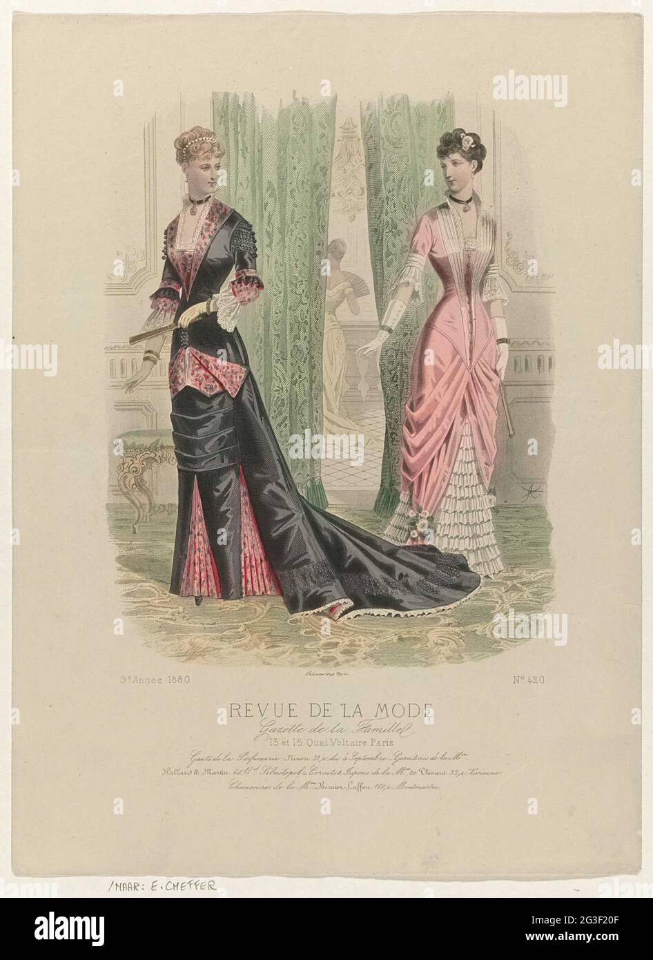 Revue de la fashion, Gazette de la Famille, Dimanche 18 Janvier 1880, 9th  Année, No. 420: Gants de la Parfumerie Ninon (...). Two women in an  interior dressed in dresses of Maison