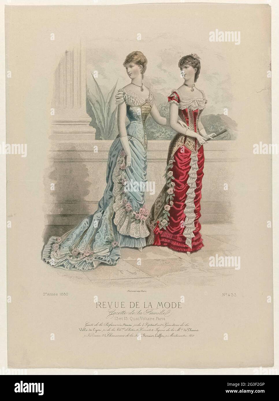 Revue de la fashion, Gazette de la Famille, Dimanche 18 Avril 1880, 9th  Année, No. 433: Gants de la Parfumerie Ninon (...). Two women in  balljapons, armed at a balustrade. Left: Jap,