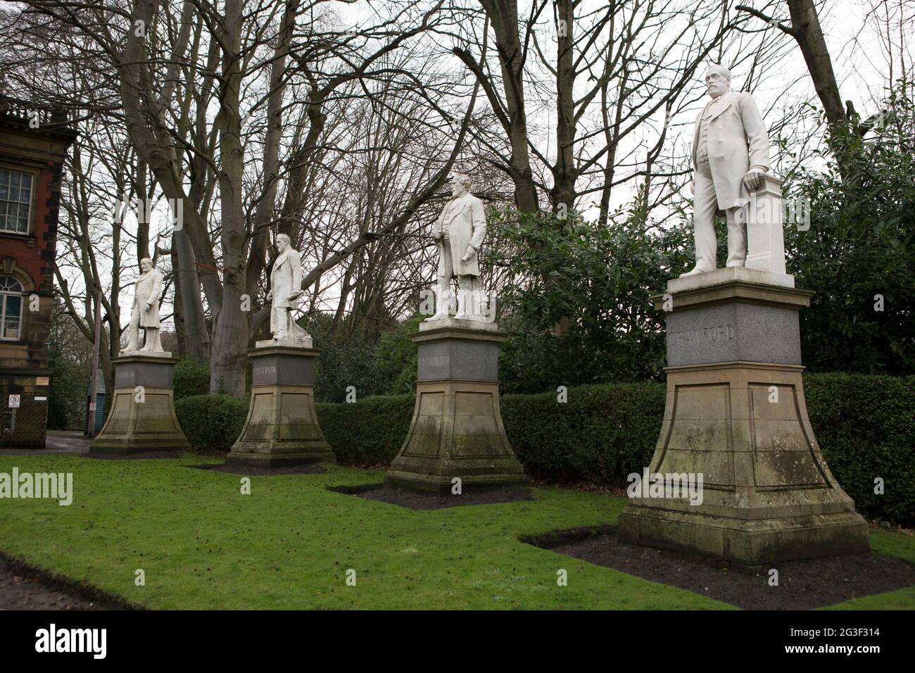 Stautes in the grounds of Redhills, the home of the Durham Miners Association in Durham, County Durham. Stock Photo