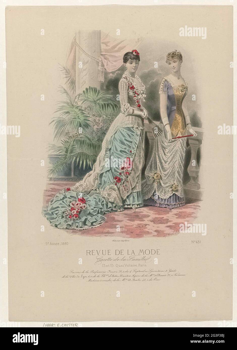 Revue de la fashion, Gazette de la Famille, Dimanche 30 Mai 1880, 9th  Année, No. 439: Savons de la Parfumerie Ninon (...). Two women at a  balustrade. Left :: a white with