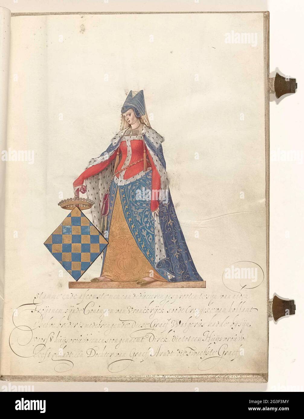 Countess of Teisterbant. Countess of Teisterbant, wife of Boudewijn Graaf van Teisterbant. She was daughter of the count of Vermandois. Full of feet with the weapon of Vermandois. Part of illustrated handwriting with the genealogy of the men and tombs of Culemborg. Stock Photo