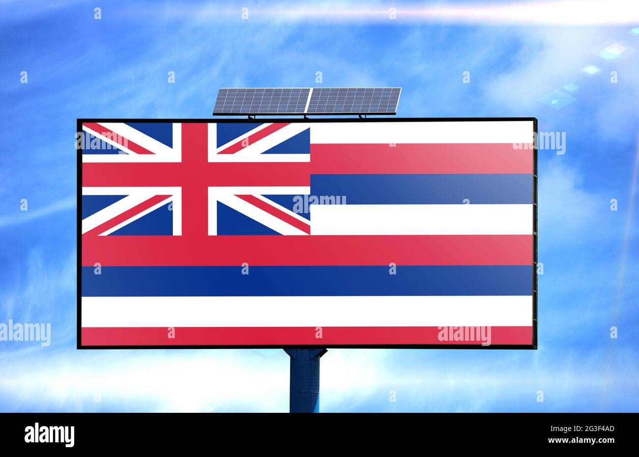 Billboard with State of Hawaii flag and solar battery on blue sky