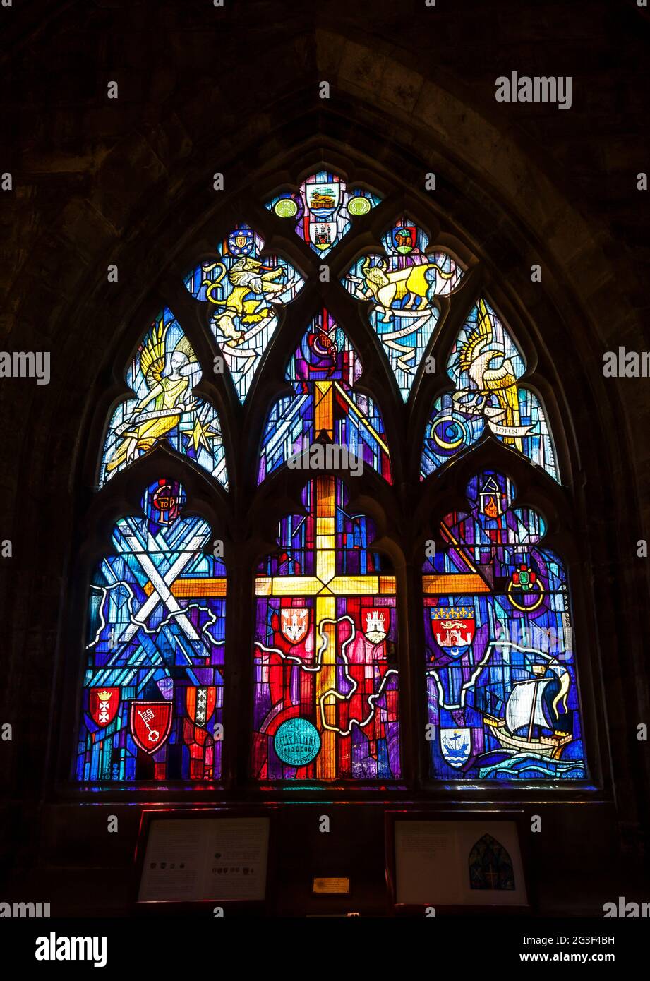 The Guildry window in the Church of the Holy Rude in Stirling, Scotland. This stained-glass window was donated by the Guildry of Stirling. Within the Stock Photo