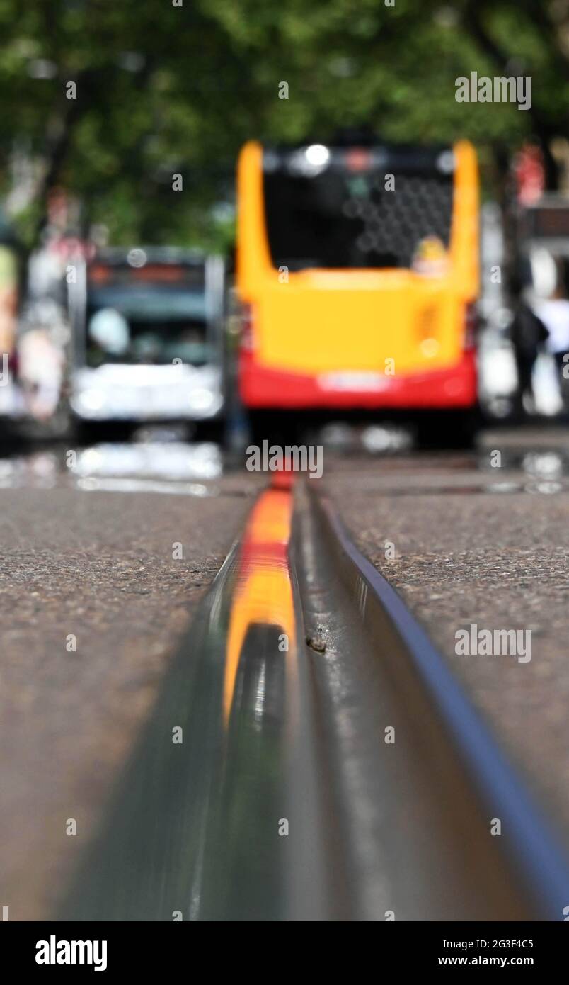 Karlsruhe, Germany. 16th June, 2021. In Karlsruhe's city centre, buses