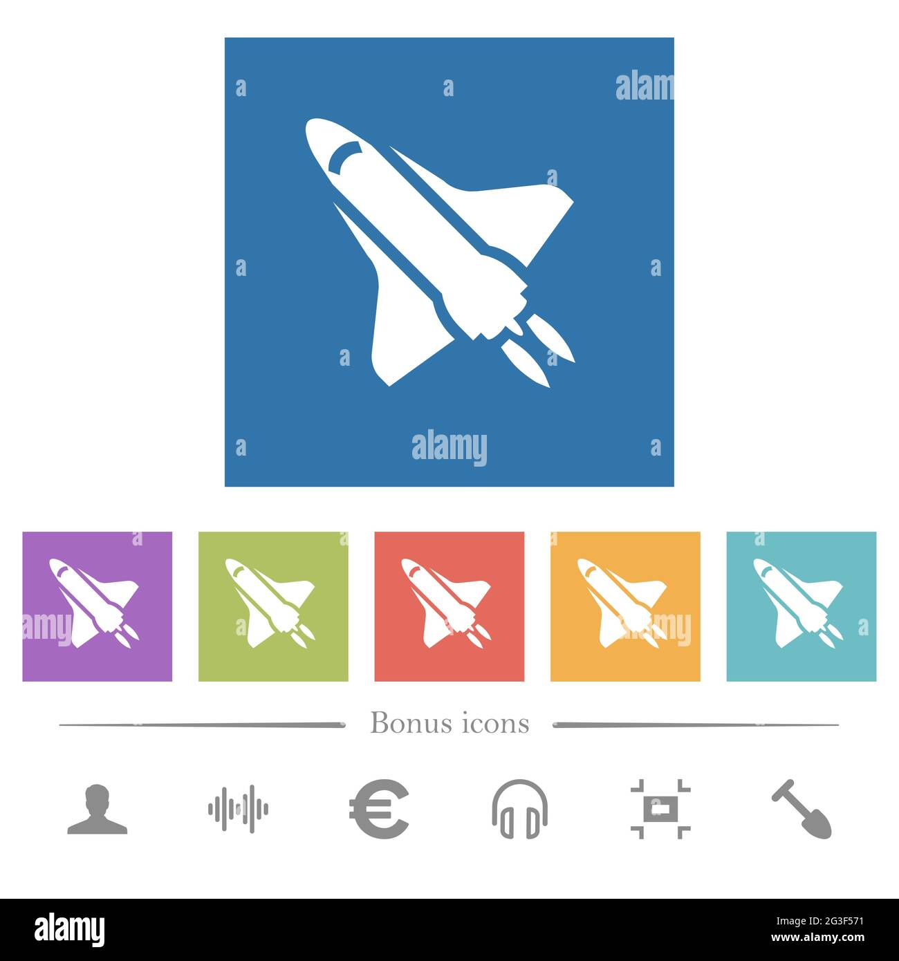 Space shuttle with propulsion flat white icons in square backgrounds. 6 ...