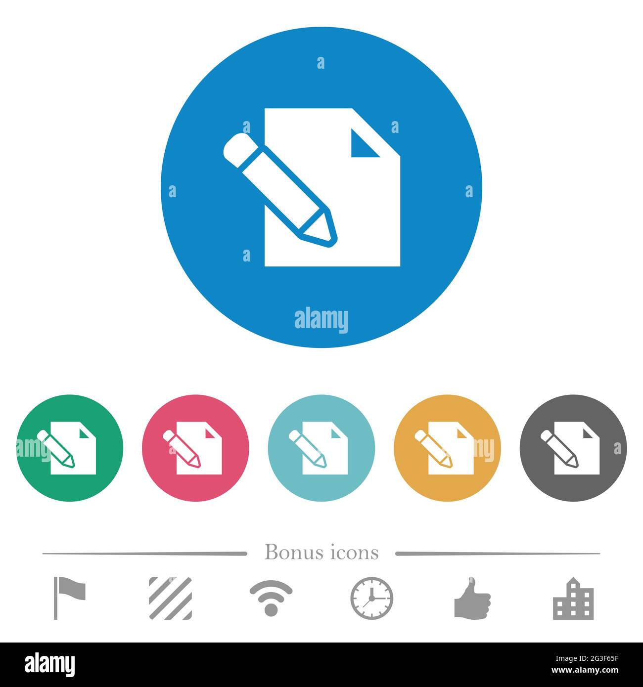 Edit with pencil flat white icons on round color backgrounds. 6 bonus ...