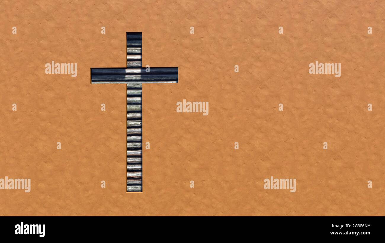 Concept or conceptual wooden logg  cross on an clay background. 3d illustration metaphor for God, Christ, Christianity, religious, faith, holy, spirit Stock Photo