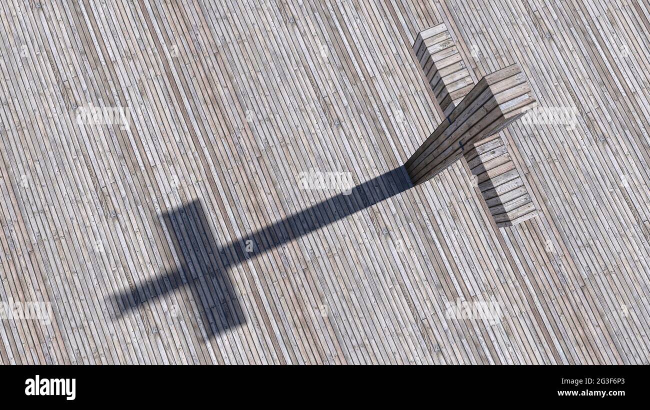 Concept or conceptual cross on a natural wood or wooden texture background. 3d illustration metaphor for God, Christ, Christianity, religious, faith, Stock Photo