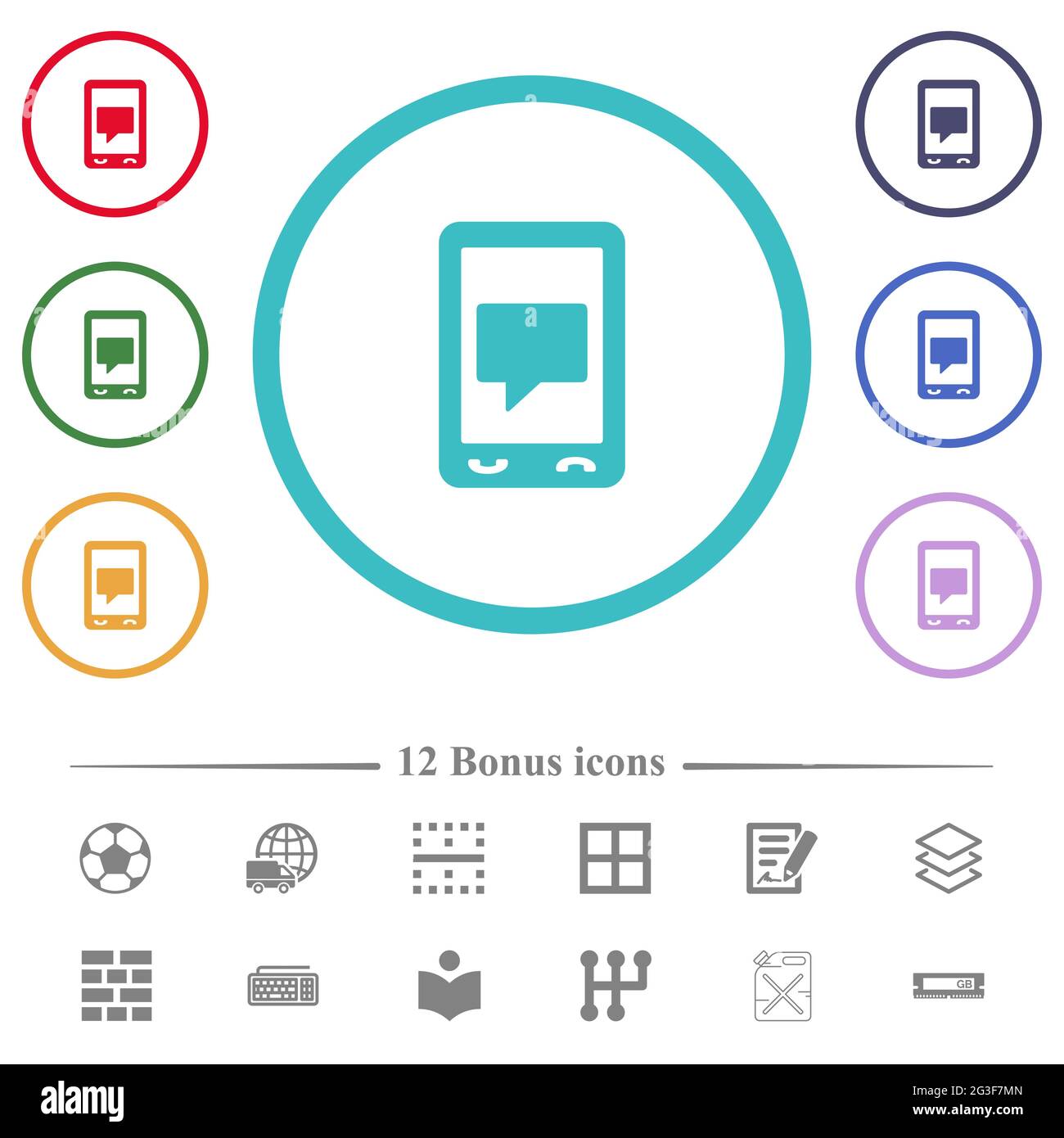 Mobile chat flat color icons in circle shape outlines. 12 bonus icons ...