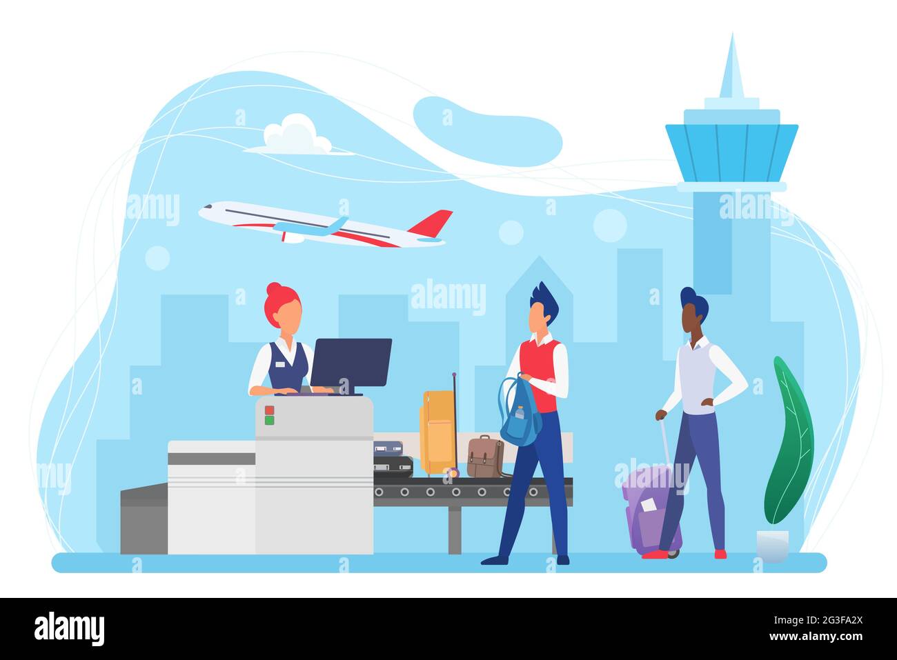 People passengers and luggage conveyor belt machine in airport vector  illustration. Cartoon tourist characters with suitcases passing control on  bags check security inspection isolated on white Stock Vector Image & Art -