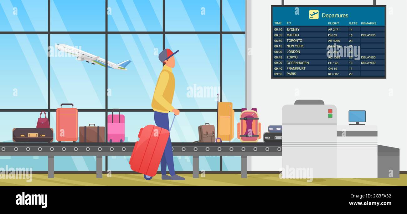Travel transfer in international airport, airline transportation vector illustration. Cartoon person with baggage looking at flight information timetable board, standing next to luggage conveyor belt Stock Vector