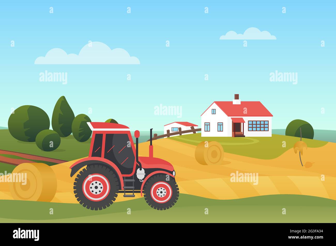 Harvesting in autumn landscape, modern farm tractor on wheat fields with haystacks vector illustration. Cartoon countryside village scenery, agricultural machine, farmhouse building on hill background Stock Vector