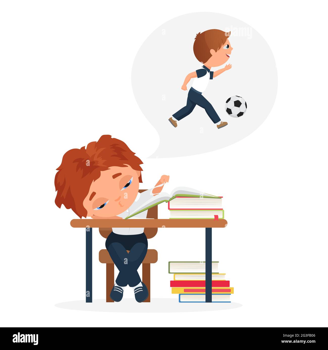 Children study hard, education problem of bored kid vector illustration.  Cartoon tired boy child character sitting at school books and studying  homework, dreaming of playing ball outdoors background Stock Vector Image &