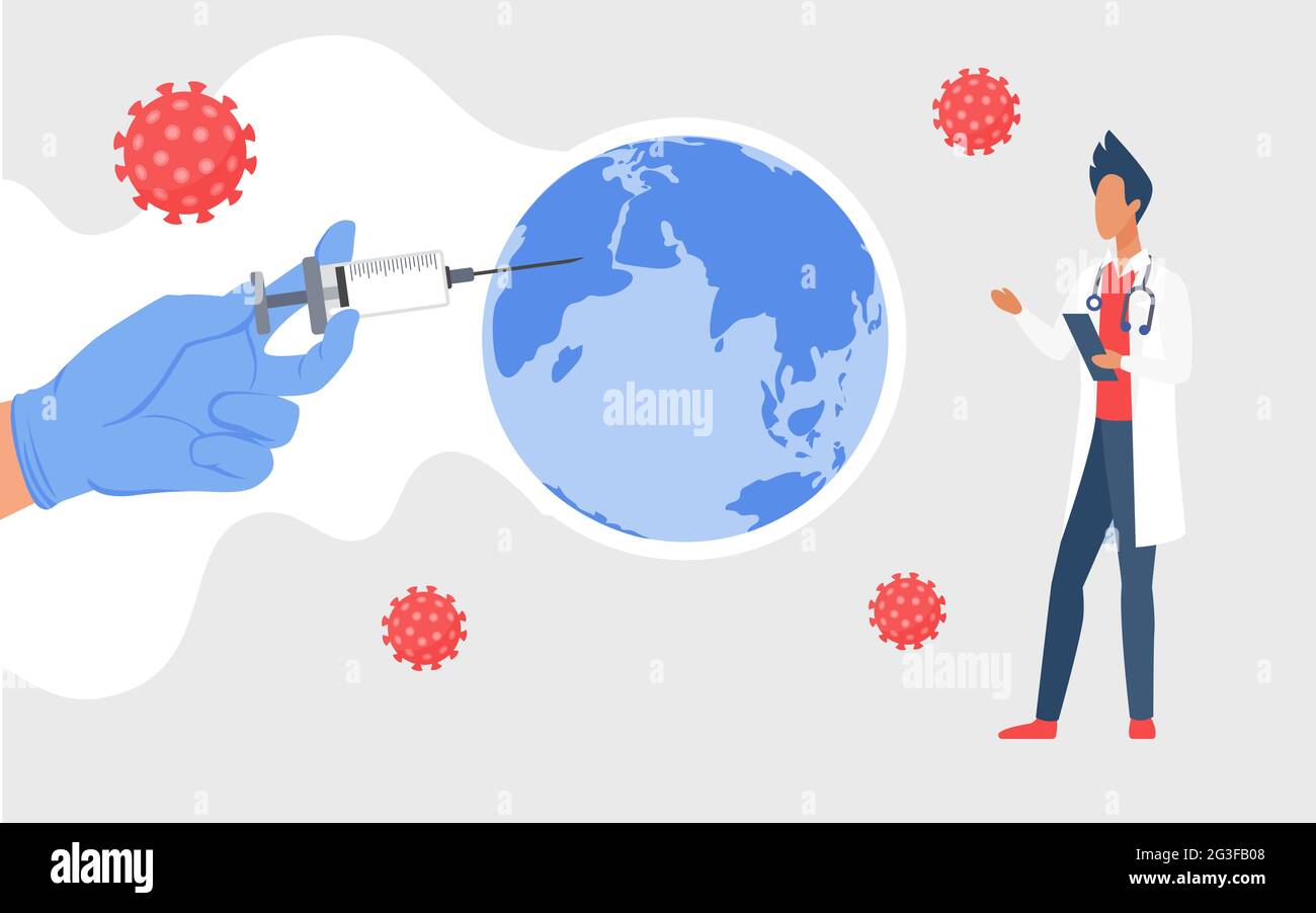 Coronavirus global vaccination, stop world viral infection concept vector illustration. Cartoon doctor hand holding dose of vaccine in syringe injection and needle pointing to Africa background Stock Vector
