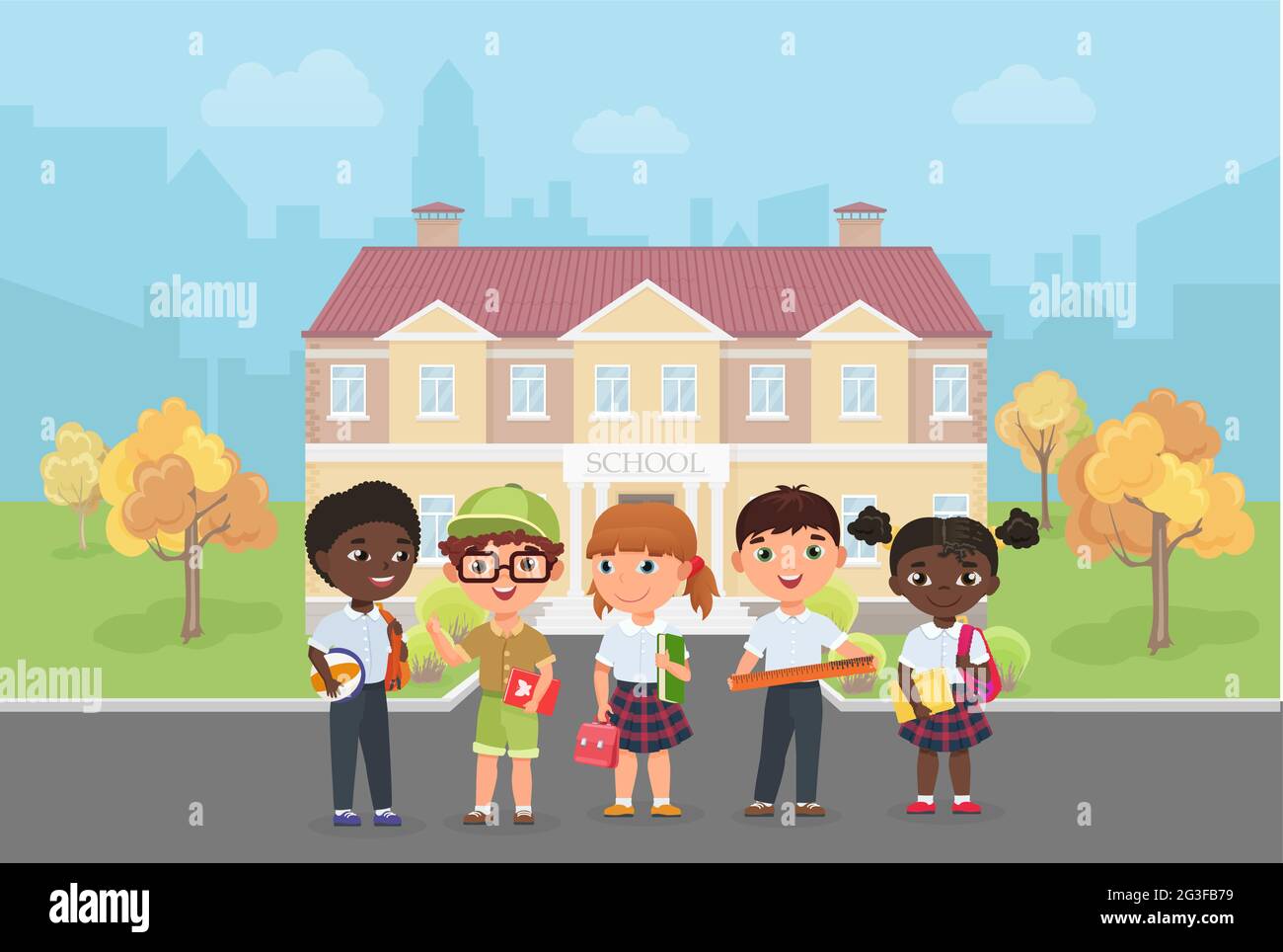 Children students stand in front of school building vector illustration.  Cartoon diverse group of kids ready to learn and study, funny little girl  boy child characters standing together background Stock Vector Image