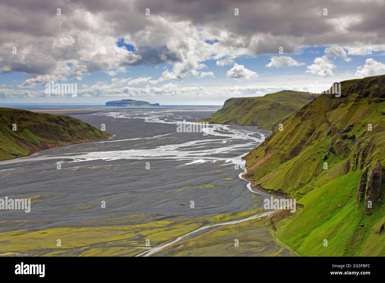 View over the glacial river Múlakvísl which draws its water from the Mýrdalsjökull, Sudurland on the western side of Mýrdalssandur, South Iceland Stock Photo