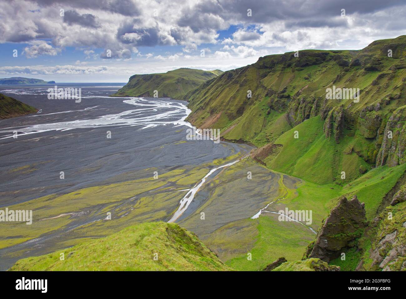 View over the glacial river Múlakvísl which draws its water from the Mýrdalsjökull, Sudurland on the western side of Mýrdalssandur, South Iceland Stock Photo