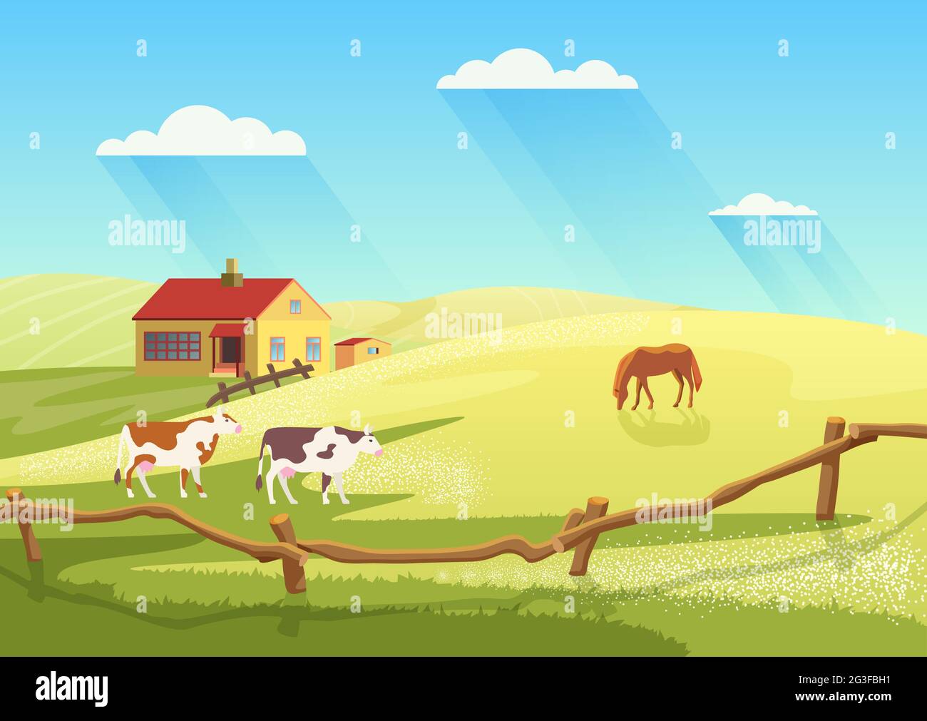 Village dairy farm with cows, rural ranch countryside summer landscape vector illustration. Cartoon cow and horses animals, farmland cattle grazing on summer meadow field next to farmhouse background Stock Vector