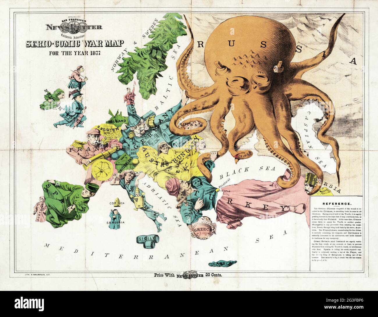 Map of Europe – Serio-Comic War Map for the year 1877. Satirical map. Stock Photo