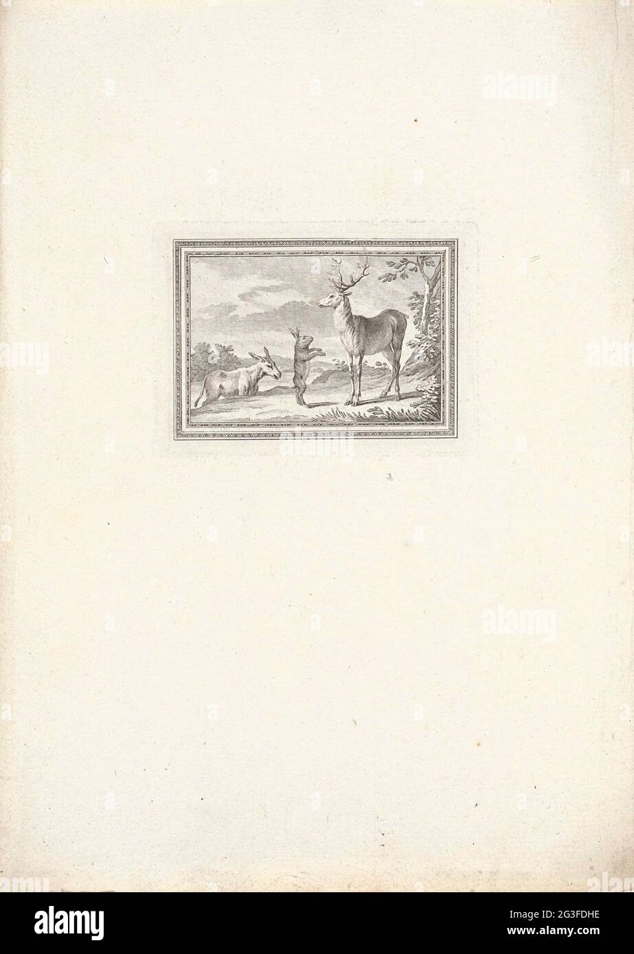 Deer, hare and donkey. Landscape with a deer, a hare and a donkey who have a conversation. Illustration at the story 'Het deer, the hare and a donkey ..' from 'fabels for Deer, hare and donkey. Landscape with a deer, a hare and a donkey who have a conversation. Illustration at the story 'Het deer, the hare and a donkey ..' from 'fabels for