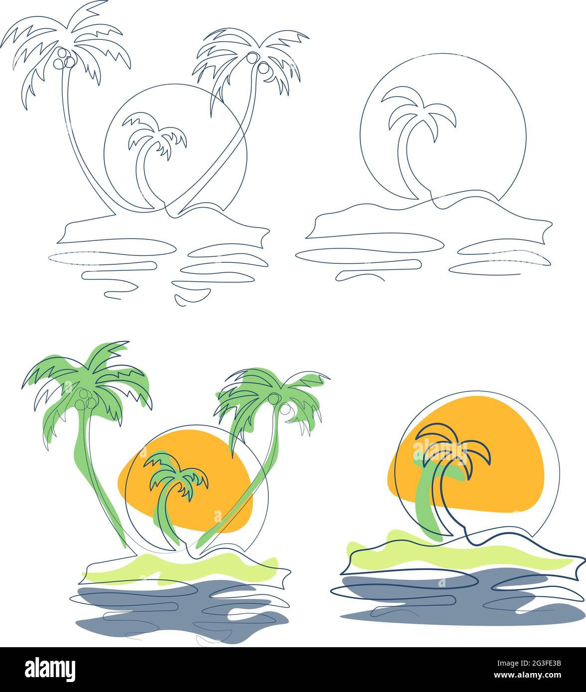 Set of icons with tropical islands drawing with single line and colored shapes Stock Vector