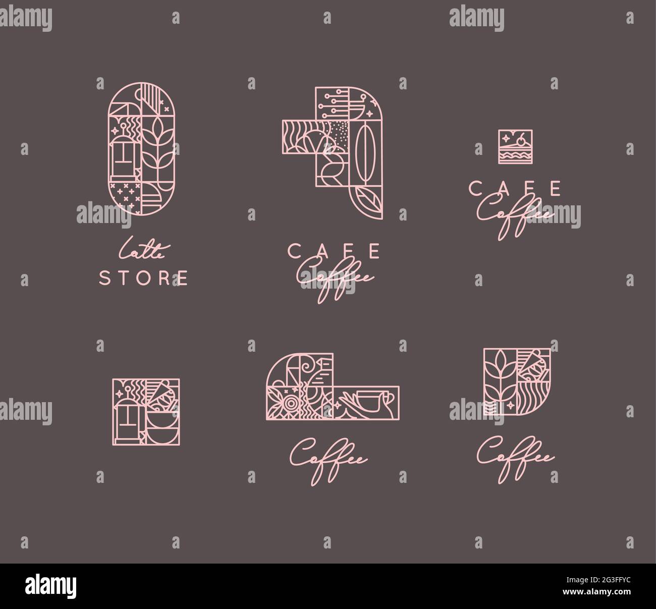 Set of creative modern art deco coffee symbols in flat line style drawing on brown background. Stock Vector