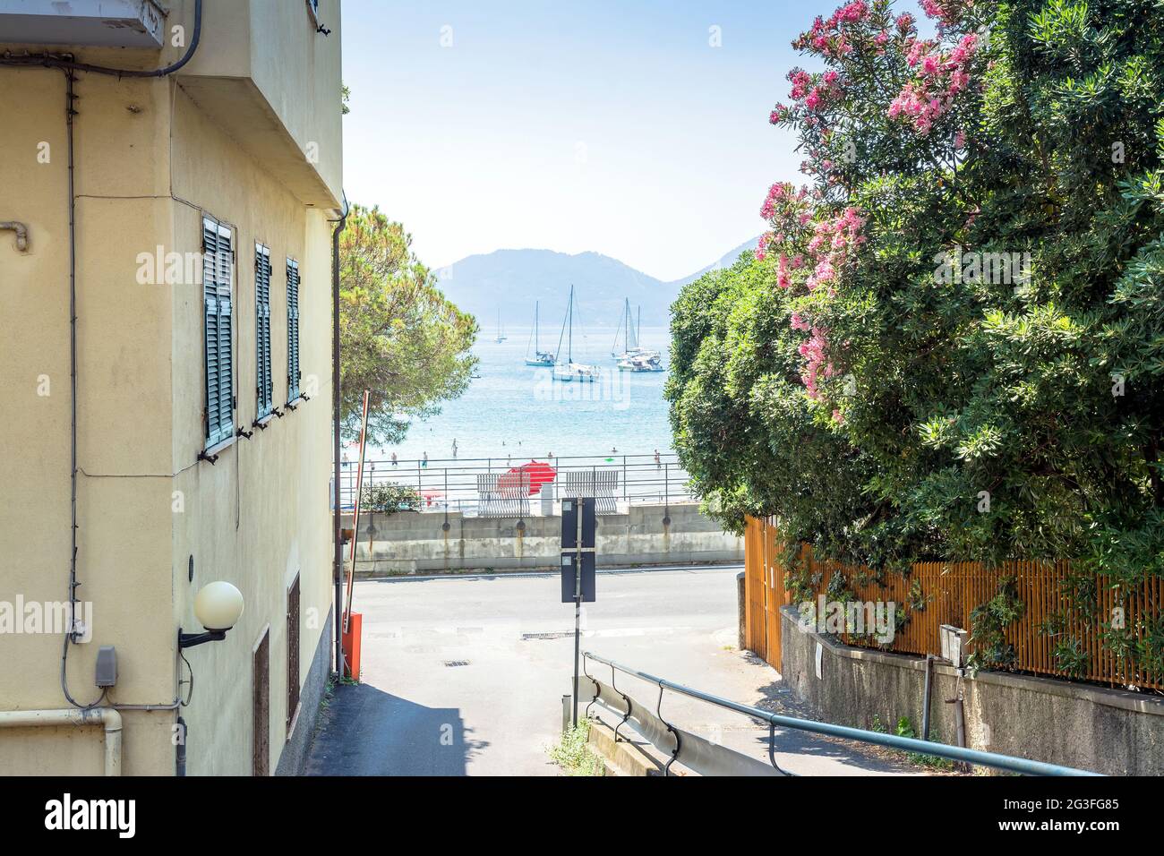 street view of beach and town in Lerici, Italy. Lerici is located in La Spezia Gulf of Poets, Liguria Stock Photo