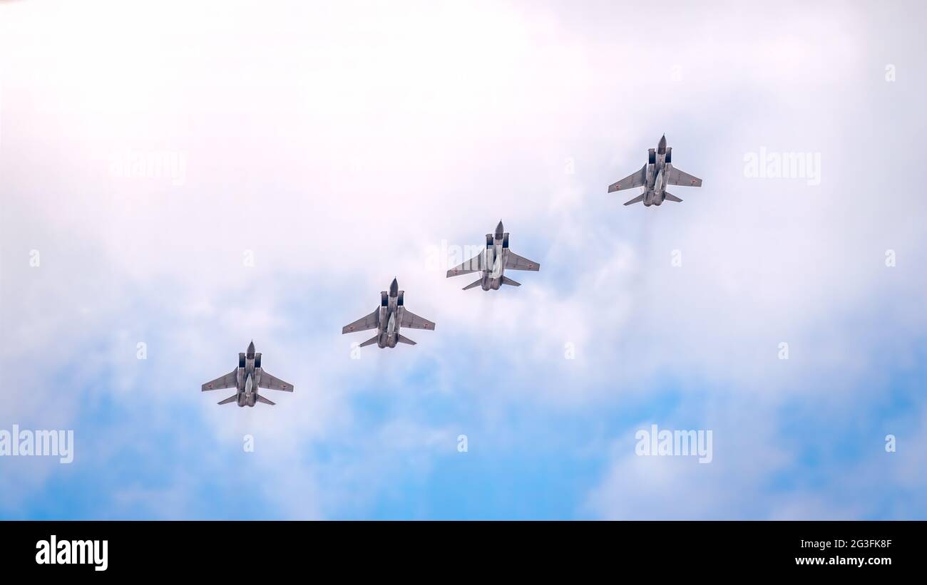Moscow, Russia - May, 05, 2021: Four MIG-31K, Foxhound, with Kh-47M2 Kinzhal missle flying over Red Square during the preparation of the May 9 parade. Stock Photo