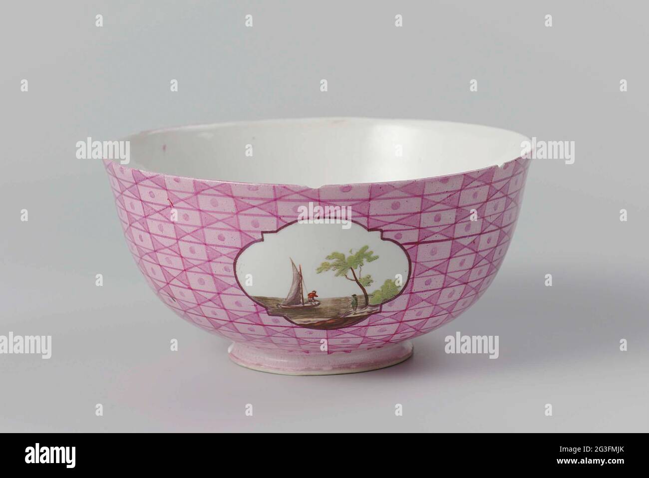 Rinse Bowl Polychrome Painted With A Landscape In A Medallion Saved In A Geometirsch Pattern Rinse Bowl With A Multicolored Landscape In A Medallion Saved In A Purple Geometric Pattern Stock Photo