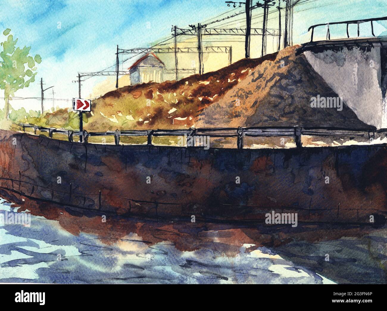 Hand drawn sketch of railway bridge. Watercolor illustration Stock Photo