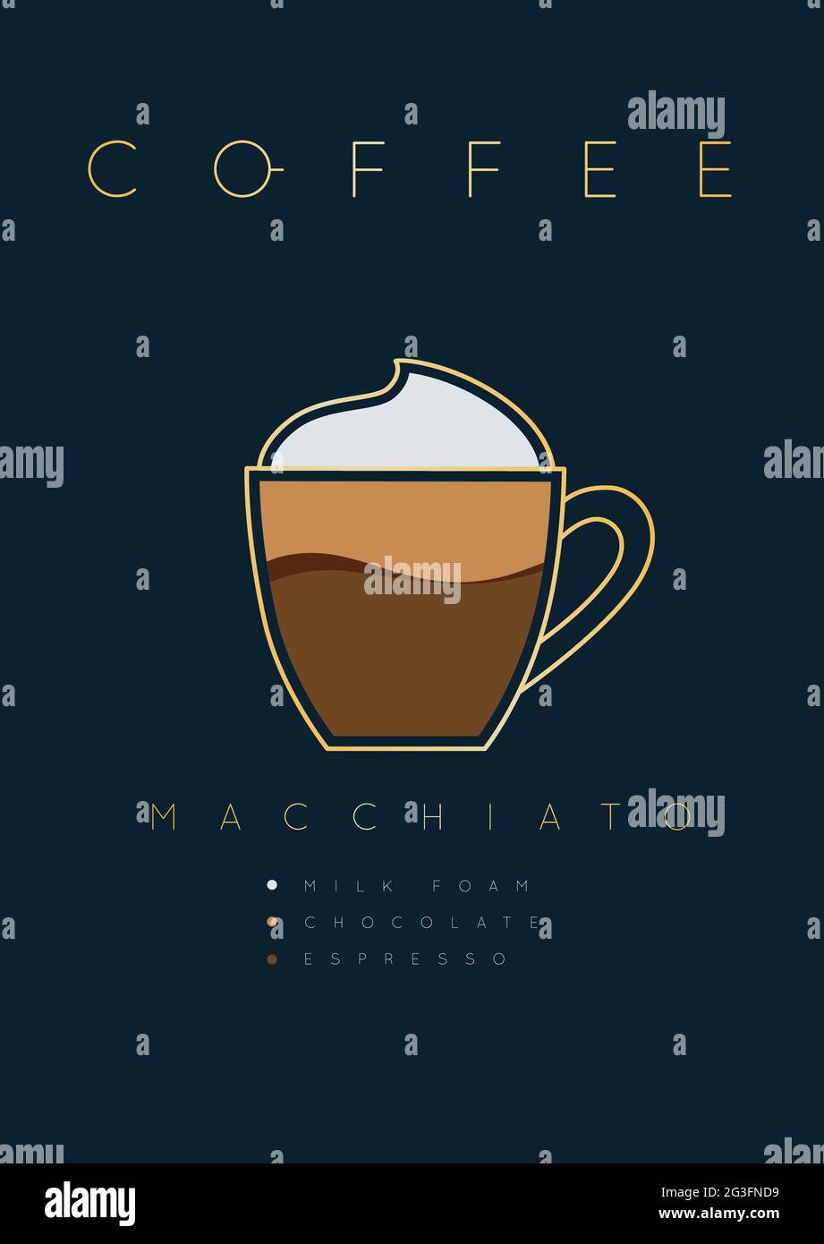 Poster coffee macchiato with names of ingredients drawing in flat style on dark blue background Stock Vector