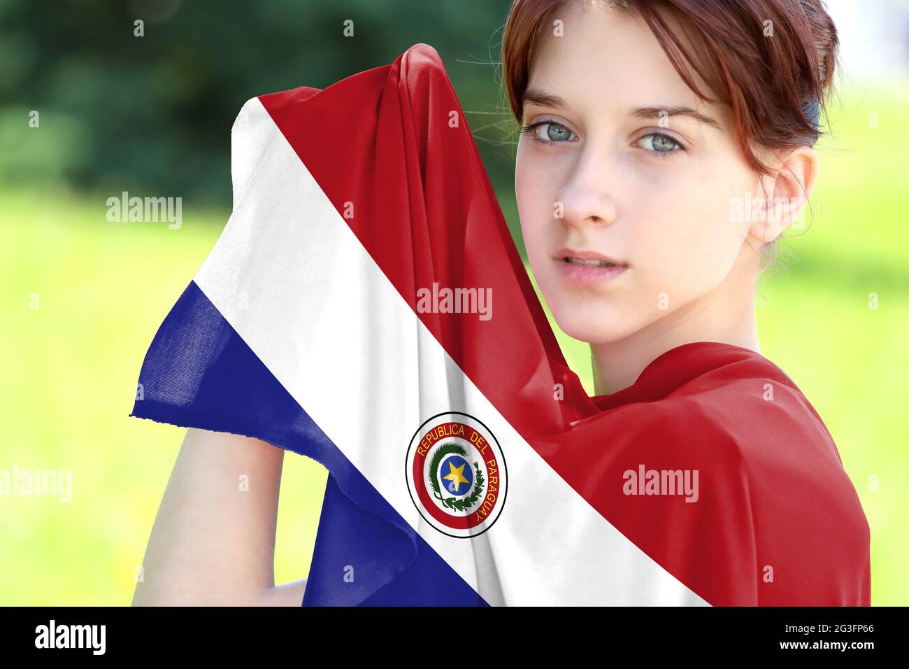 Young girl holding the flag of Paraguay close up Stock Photo