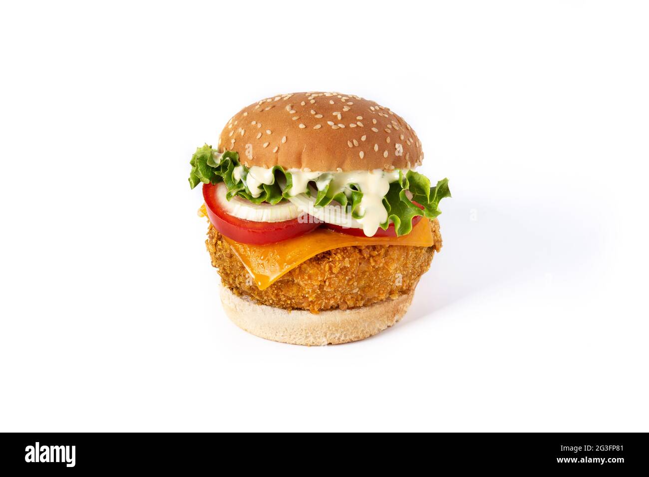 Crispy chicken burger with cheese on white background Stock Photo Alamy