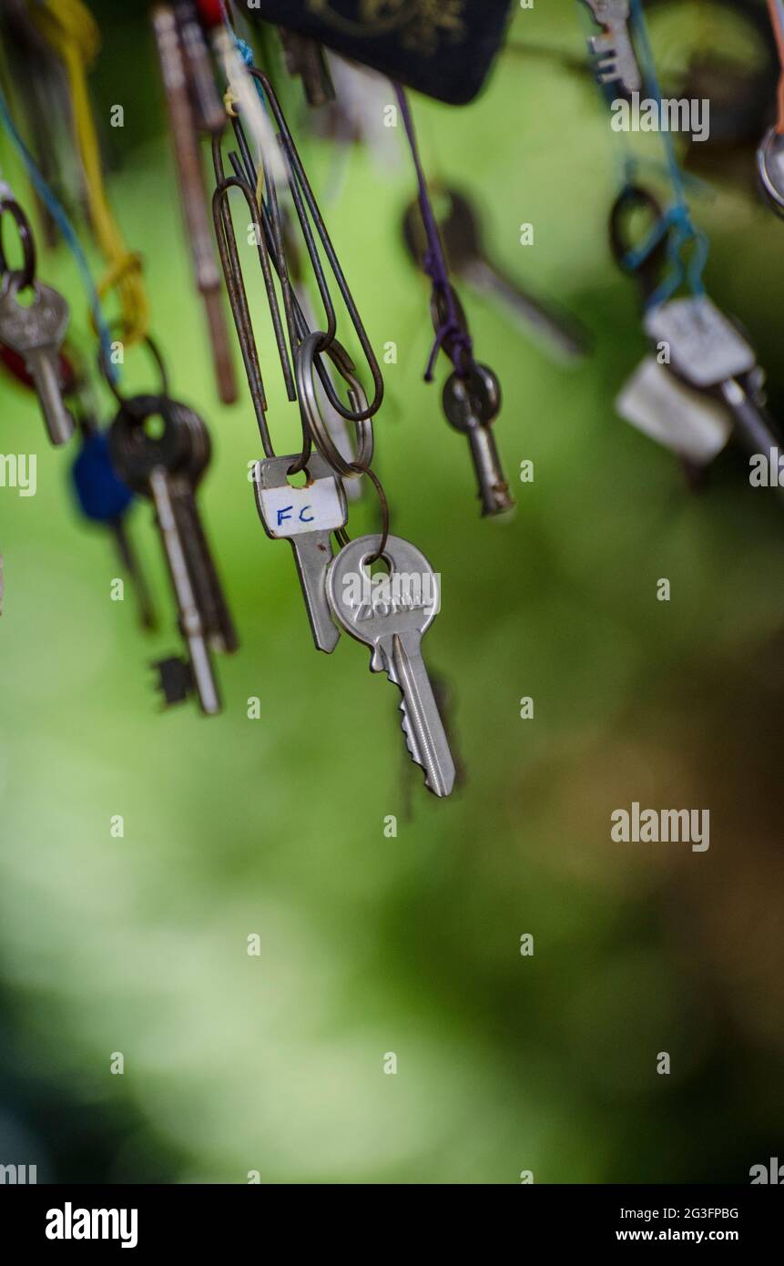 old keys hung on strings Stock Photo Alamy