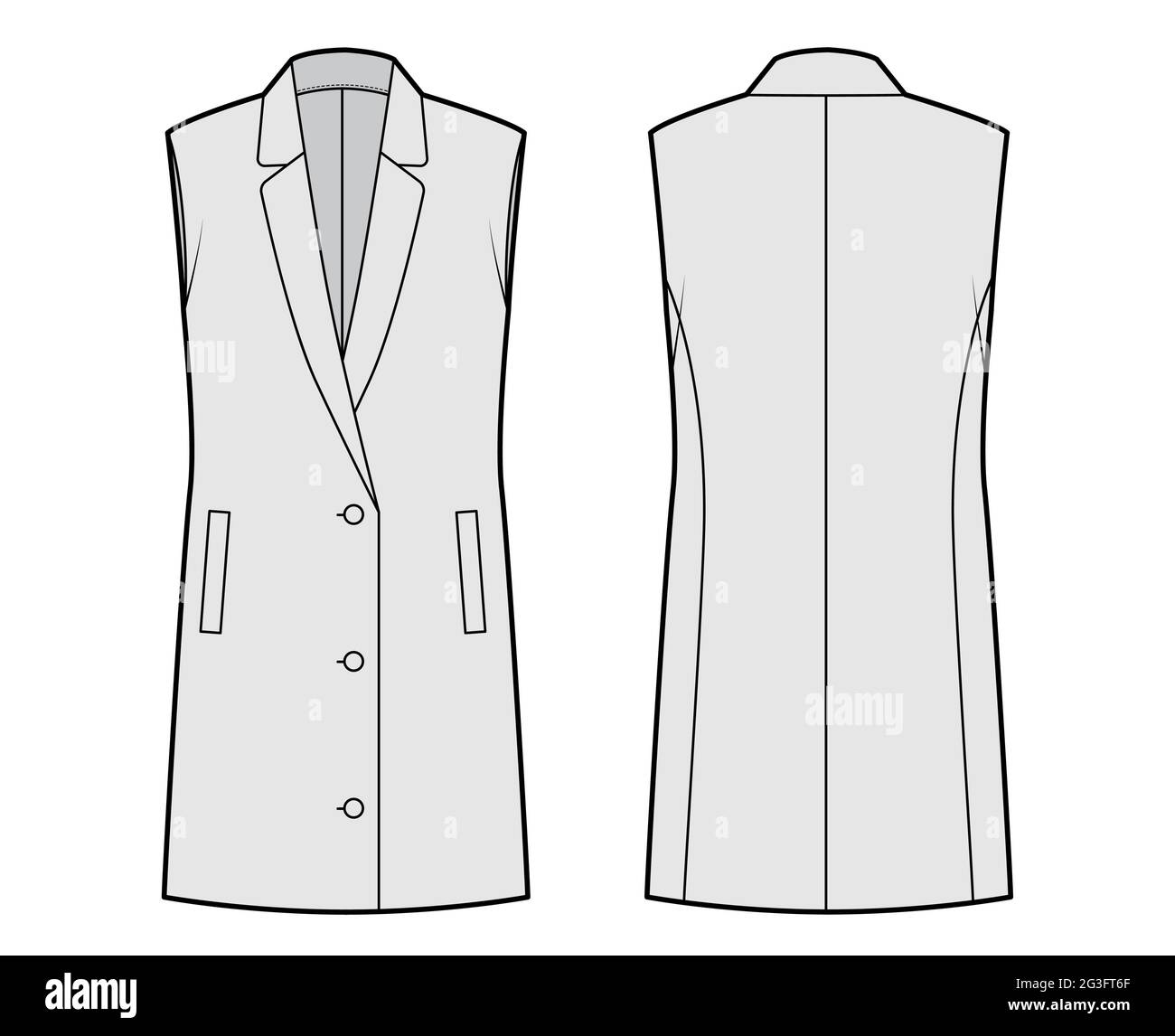 Sleeveless jacket lapelled vest waistcoat technical fashion illustration with button-up closure, pockets, oversized. Flat template front, back, grey color style. Women, men unisex top CAD mockup Stock Vector