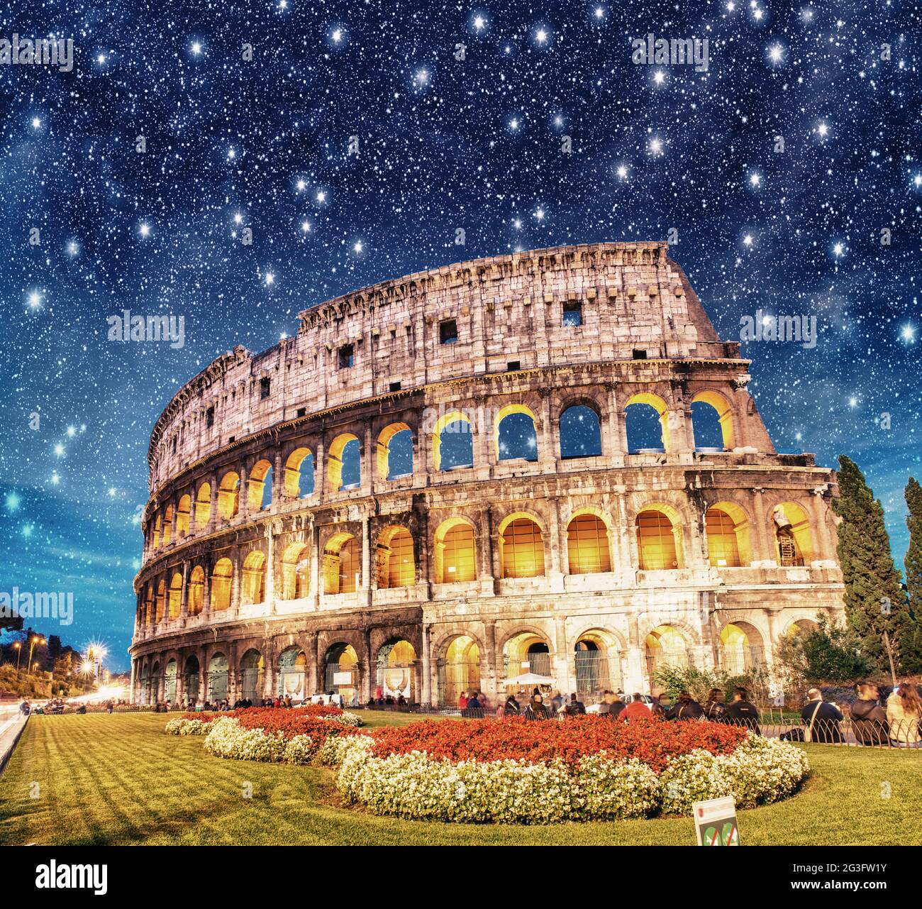 Colosseum - Rome. Night view with surrounding grass and park Stock ...
