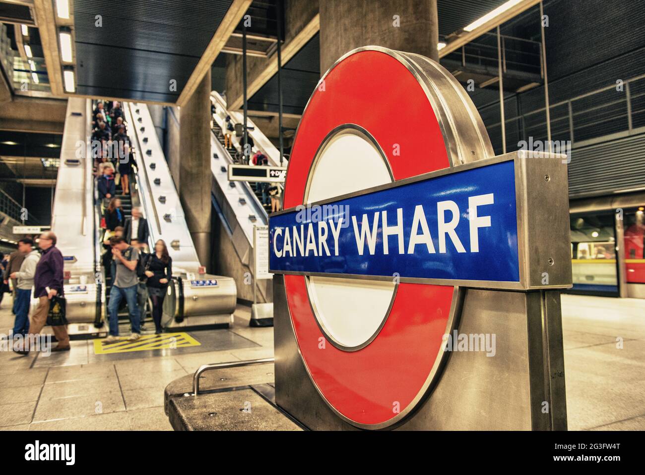 LONDON - SEP 27: The London Underground sign outside the Canary Wharf Station shines in London's Financial District on September Stock Photo