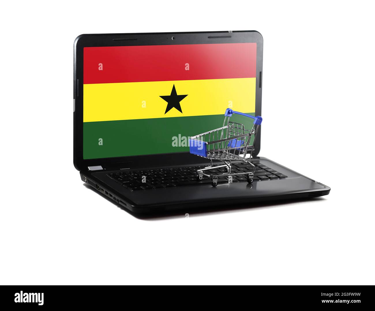 Isolated on white background laptop with Ghana flag on display, online shopping sale concept