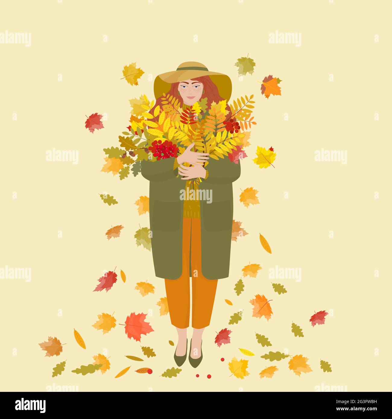 A pretty girl holds a bouquet of autumn leaves of mountain ash, maple and oak against the background of falling foliage. The concept of enjoying a coz Stock Vector