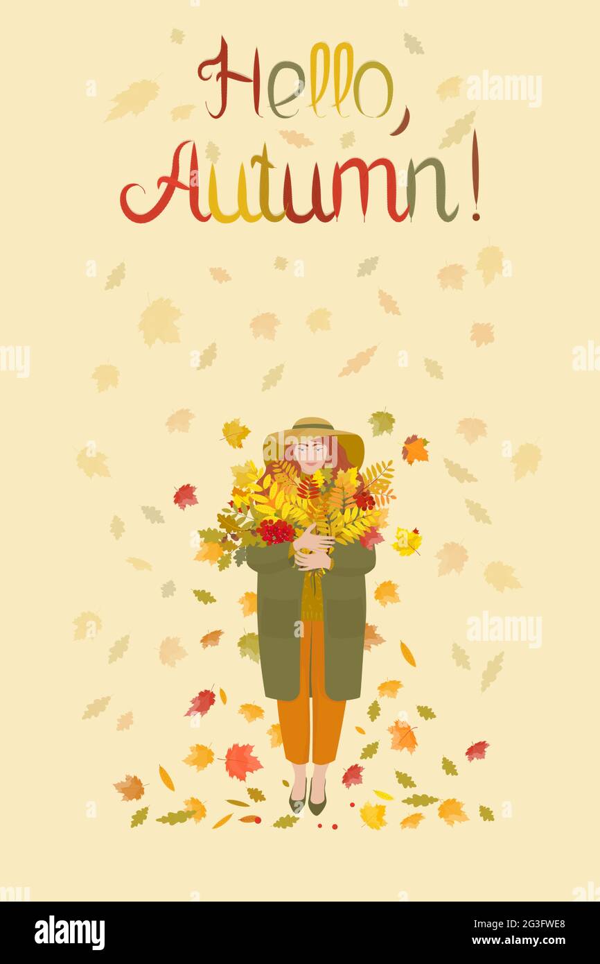 The inscription Hello Autumn of colorful leaves, leaf fall, pretty girl with a bouquet of maple, rowan and oak leaves. Postcard or poster in the conce Stock Vector