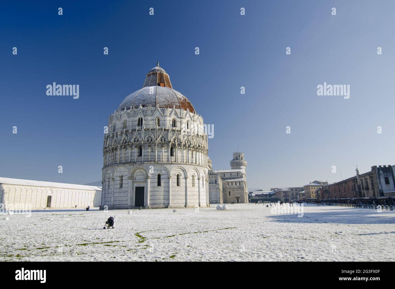 Piazza dei Miracoli in Pisa after a Snowstorm Stock Photo