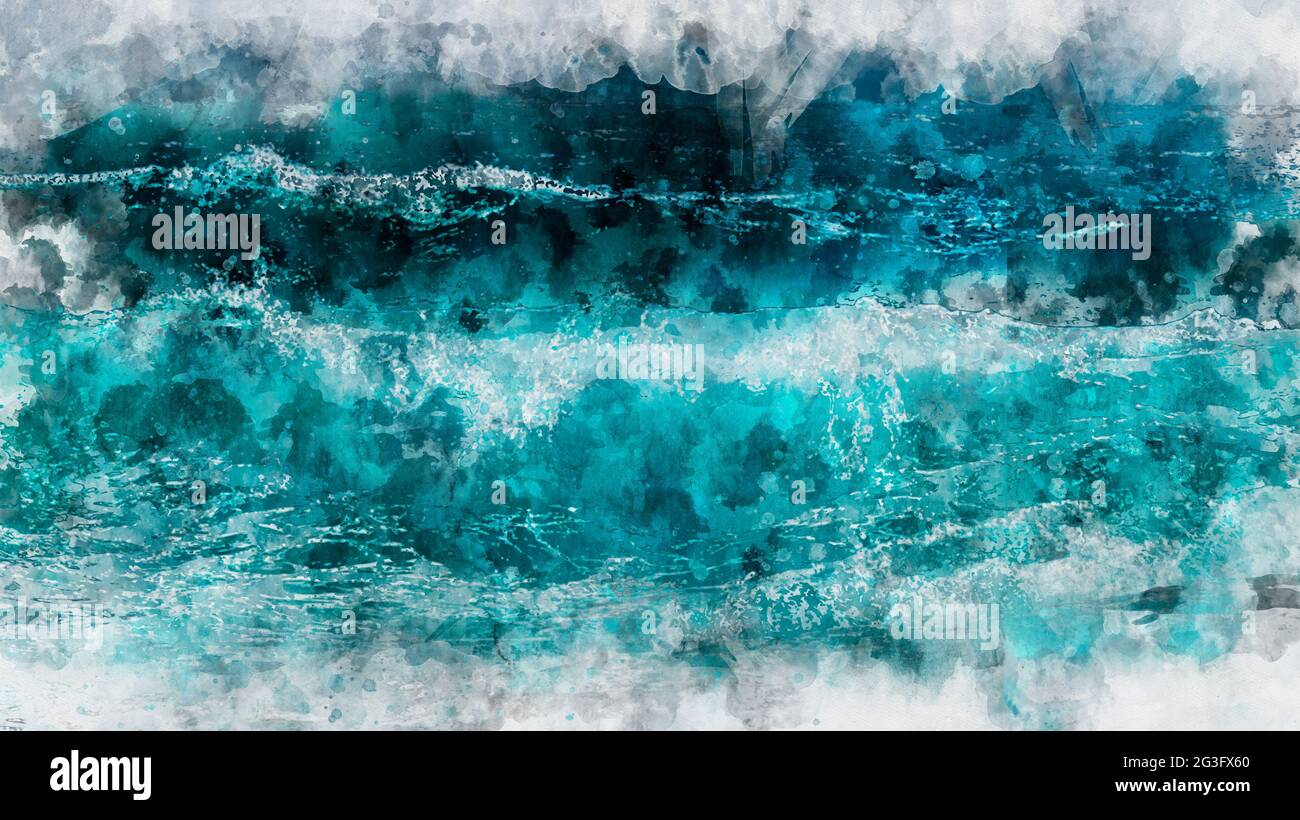 Abstract blue wave ocean watercolor background. Artistic painted