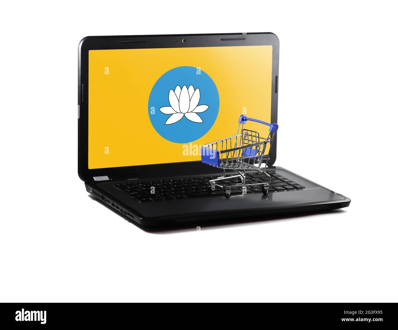 Isolated on white background laptop with Kalmykia flag on display, online shopping sale concept Stock Photo