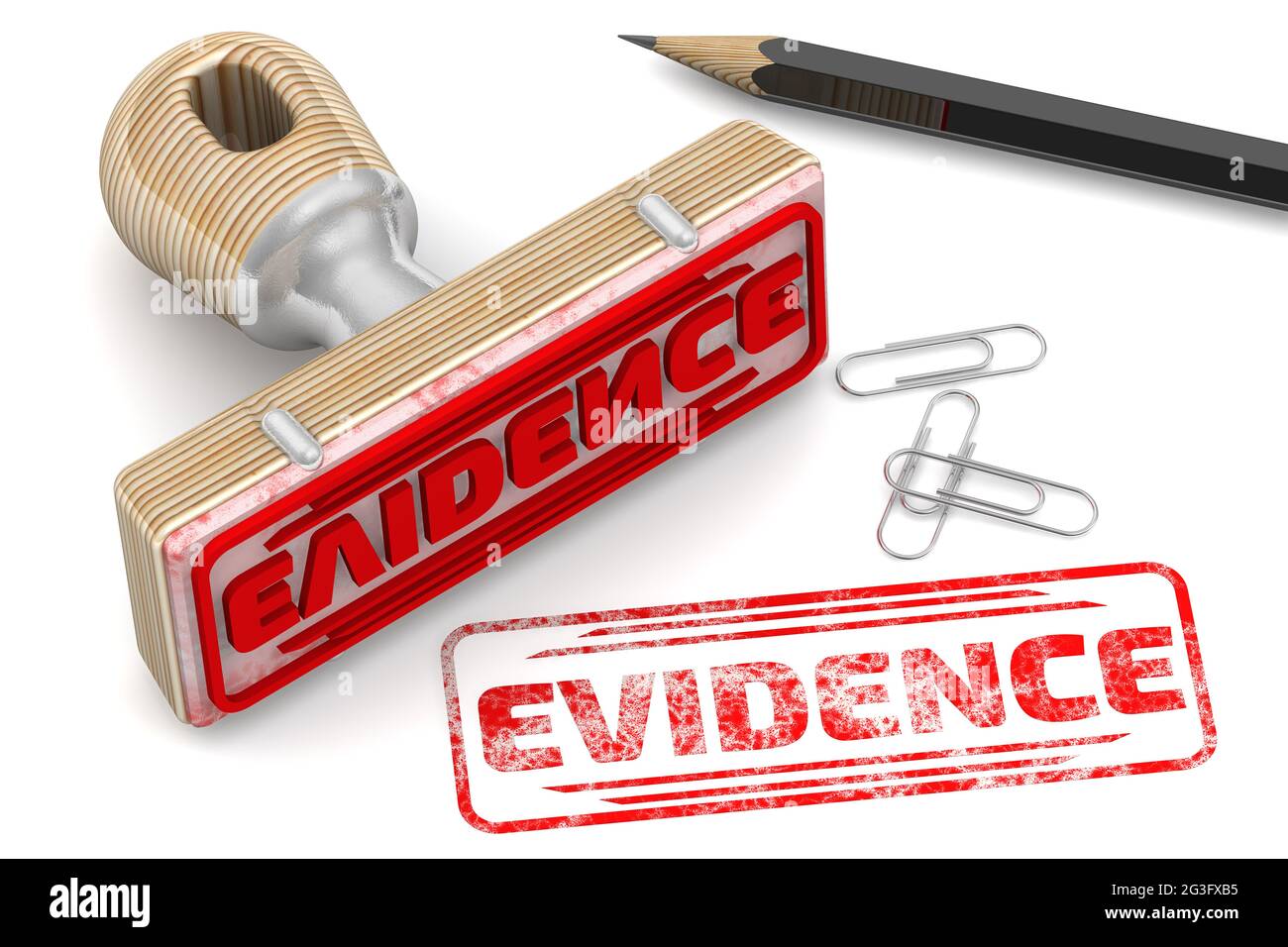 Evidence. The stamp and an imprint. Rubber stamp and red imprint EVIDENCE on a white surface. 3D illustration Stock Photo